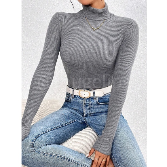 Gray Sweater Top Rib-Knit High Neck, Turtleneck  Long Sleeve Slim Fit - Picture 1 of 8